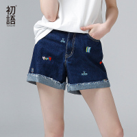初语卡通刺绣短款牛仔裤女裤子2017夏卷边时尚百搭短裤深蓝色热裤