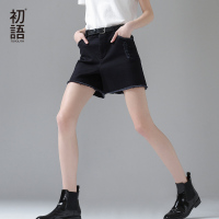 初语2017新款显瘦黑色短裤女夏a字型毛边破洞热裤直筒休闲裤