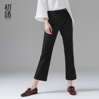 初语2017夏新款女装显瘦喇叭裤休闲裤 印花修身九分裤黑色女裤