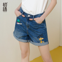 初语迪士尼合作款夏新款zootopia印花卷边宽松阔腿牛仔短裤女