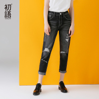 初语潮牌女装黑色破洞九分裤牛仔裤女2017夏装新款街头潮流裤子