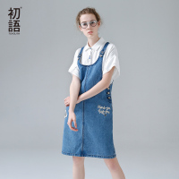 初语 2017夏新款 文艺百搭宽松清新学生牛仔背带裙女浅色牛仔裙