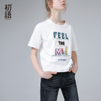 初语夏装新款 刺绣印花圆领宽松短袖T恤女纯棉休闲百搭纯色上衣