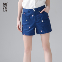 初语2017夏新款扑克牌卡通印花短裤 纯棉直筒裤女休闲学生热裤