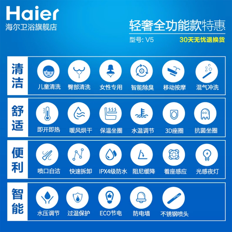 海尔(Haier)卫玺V5-5310智能洁身器 即热手柄款全功能坐便盖板 全自动洁身器