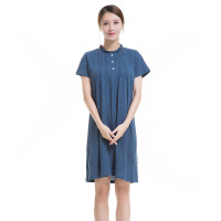 顶瓜瓜睡衣女夏短袖睡裙花边时尚中裙棉质透气简约长裙顶呱呱深蓝