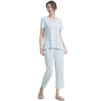 顶瓜瓜睡衣女夏天 纯棉薄款空调服短袖长裤九分裤家居服两件套浅蓝色