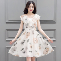 丝柏舍2018年夏季新款女装淑女V领短袖收腰印花连衣裙S72R0679