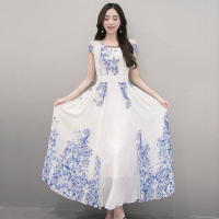 丝柏舍2018夏季新款女装圆领印花高腰长款气质大摆连衣裙S72R0587