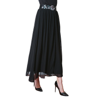 VOA 黑色中国风绣花松紧腰里层真丝针织外层蚕丝乔其百褶裙