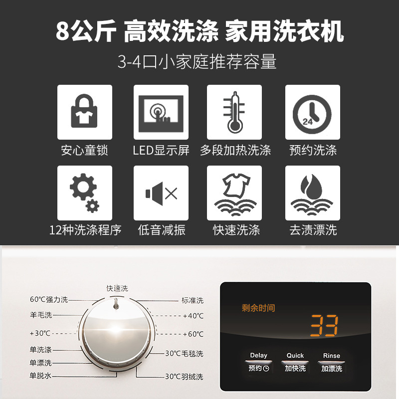 荣事达(Royalstar) WF81010S0R (白色) 8公斤 大容量 滚筒洗衣机 下排水 多段加热 家用