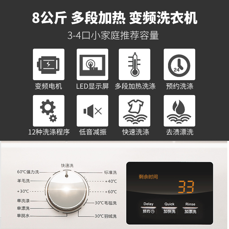 荣事达(Royalstar) WF81010BS0R(白色) 8公斤 大容量 变频 滚筒洗衣机 多段加热 家用
