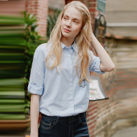 细条纹印花宽松长袖女衬衫舒适全棉女上衣