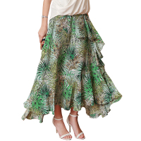 VOA 草翠绿中腰印花荷叶边波浪型分割交叠鱼尾全真丝半截裙