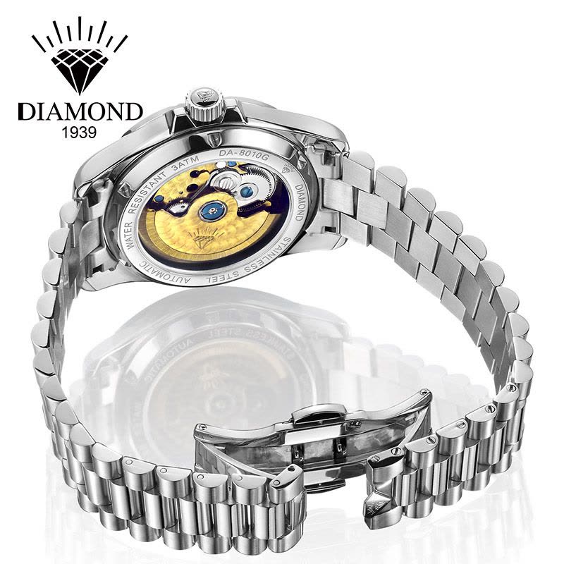 上海钻石牌手表男全自动机械男表大表盘日历精钢镶钻男士钻石手表8010白面罗马刻度图片