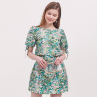 双宫桑蚕丝小碎花后V领公主袖上衣