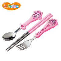 澳贝(AUBY)小爱勺叉筷三件套 儿童婴幼儿宝宝1-3岁卡通动漫用品餐具套装 圆润手柄 防烫耐摔 金属餐具466915B