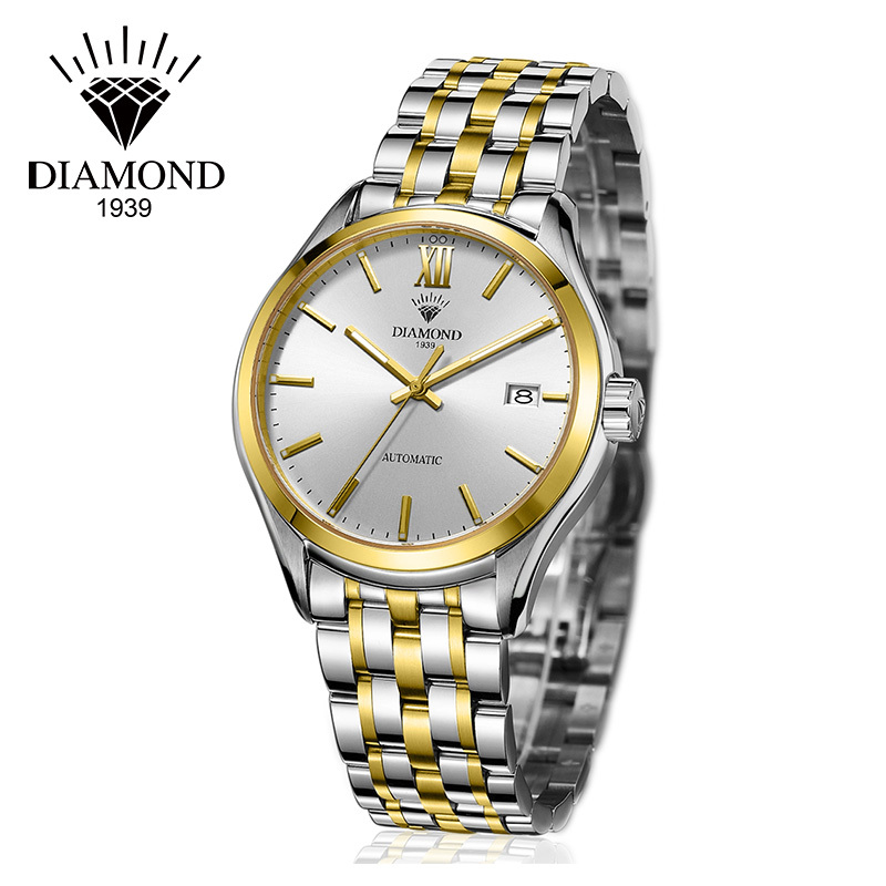 上海钻石牌手表男士全自动机械表精钢日历防水夜光s2100机械表男镀金