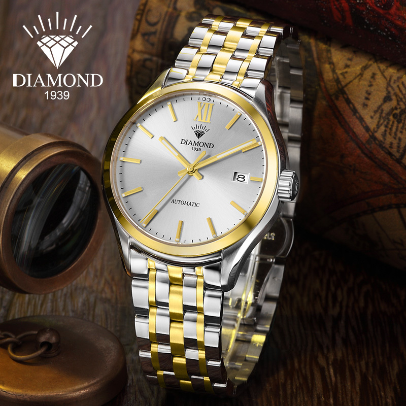 上海钻石牌手表男士全自动机械表精钢日历防水夜光s2100机械表男镀金