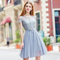 2017夏季新款女装纯色圆领百褶裙气质名媛蕾丝镂空连衣裙68606