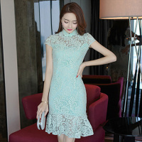 丝柏舍2018夏季新款女装纯色短袖蕾丝拼接鱼尾裙修身连衣裙S72R0977L