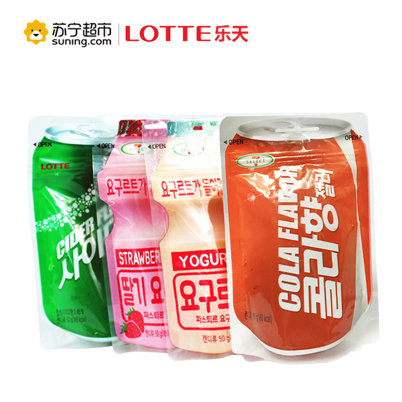 韩国进口乐天(LOTTE)乳酸菌软糖原味、草莓味、雪碧味、可乐味、4味组合装200g