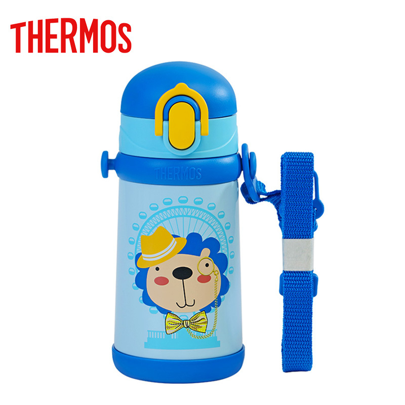 膳魔师(THERMOS)高真空儿童不锈钢保温杯宝宝学饮杯背带式便携水杯水壶蓝色TCKB-400S 400ml