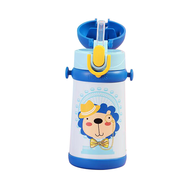 膳魔师(THERMOS)高真空儿童不锈钢保温杯宝宝学饮杯背带式便携水杯水壶蓝色TCKB-400S 400ml