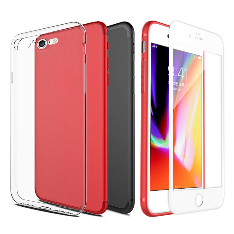 套装[手机壳膜四件套]ESCASE 苹果8手机壳苹果7保护套iphone8/7黑色红色高透硅胶软壳+全屏白色钢化膜