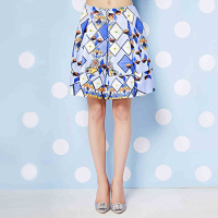 秋水伊人夏装新款短裙女甜美气质印花压褶半身裙E020