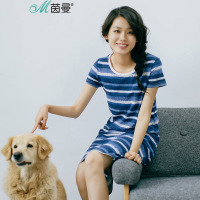茵曼2017夏装新款文艺条纹短袖连衣裙女纯棉圆领中裙1872102251