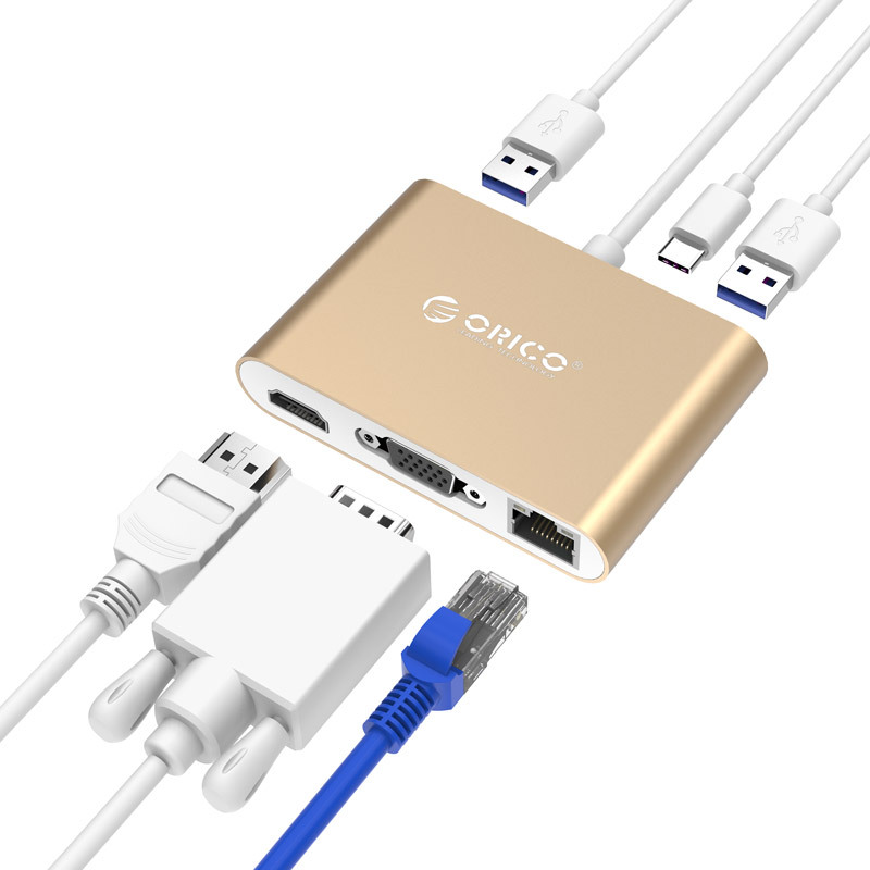 奥睿科（ORICO）RCNB Type-c笔记本扩展坞转USB3.0通用分线器 HDMI/VGA+网口PD双向供电 金色