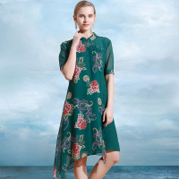 时尚印花不规则下摆真丝连衣裙墨绿