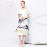 朦胧山水画假两件连衣裙