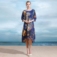 时尚飘逸印花真丝连衣裙深蓝