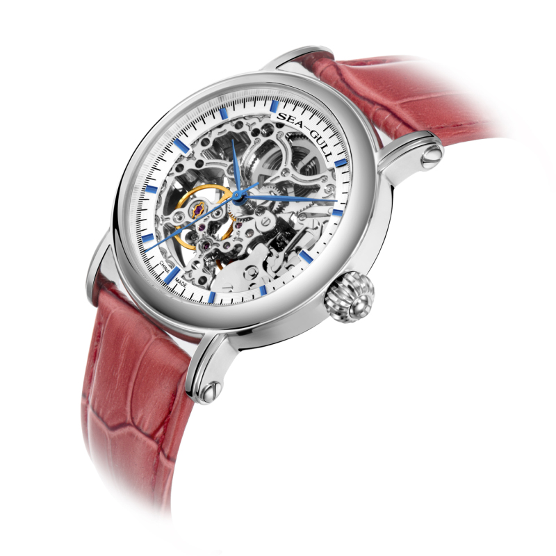 seagull海鸥手表 时尚镂空皮带腕表 自动机械表女表白盘蓝针红带m182