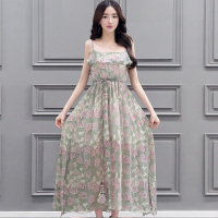 丝柏舍2018夏季新款女装吊带一字领花色长裙侧开叉连衣裙S72R0701