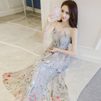 丝柏舍2018年夏装新款女装 网纱刺绣碎花无袖收腰修身长款连衣裙S72R0975L