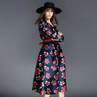 希娅2017新款欧美西装领中袖印花收腰时尚连衣裙中长款修身L6401