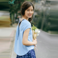 茵曼 2017夏装新款纯棉后V领绣花系带蝙蝠短袖休闲T恤女1872022369