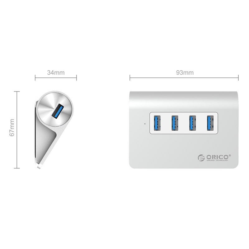 奥睿科(ORICO)4口USB分线器3.0高速传输扩展HUB集线器USB3.0向下兼容 全铝银 M3H4-V1