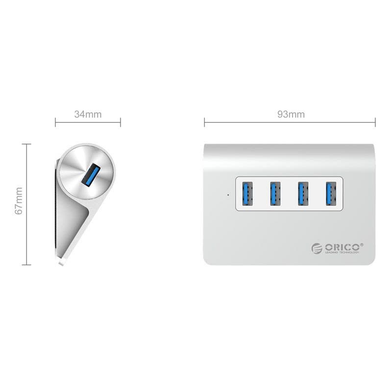 奥睿科(ORICO)4口USB分线器3.0高速传输扩展HUB集线器USB3.0向下兼容 全铝银 M3H4-V1图片