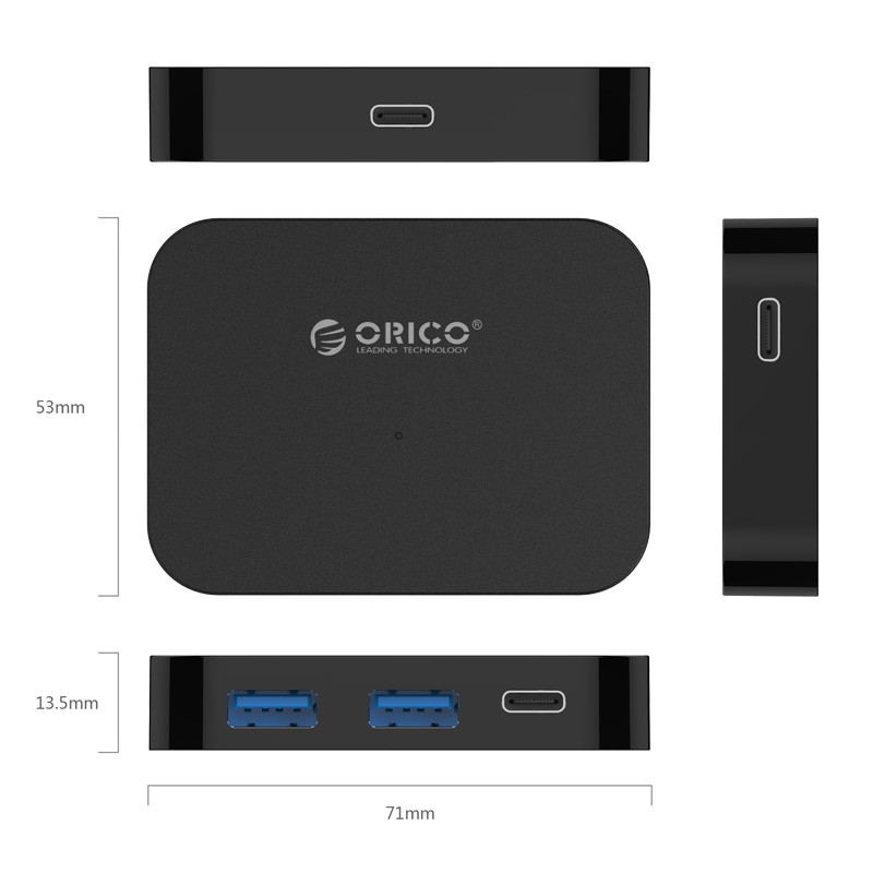 奥睿科(ORICO)Type-C转USB3.0+USB-C扩展分线器/转接头HUB 黑色TC2U-U3高清大图