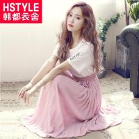 韩都衣舍2017韩版女装夏装百褶宽松显瘦松紧腰长裙半身裙EK6724囡