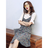 丝柏舍2019夏装女装百搭纯色T恤搭印花吊带裙套装（配腰带)S72R1364N