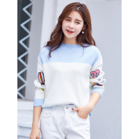 可爱刺绣拼色套头针织衫