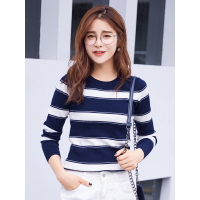 学院风粗条纹圆领针织衫