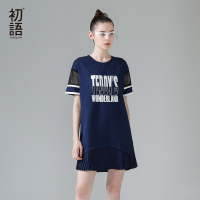 初语夏季新款小清新学院百褶裙字母印花拼接显瘦连衣裙1
