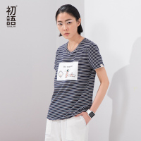 初语夏季新款细条纹印花短袖女T恤套头圆领文艺上衣