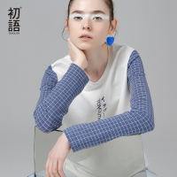 初语秋季新款圆领日式印花格子拼接宽松休闲长袖T恤女上衣